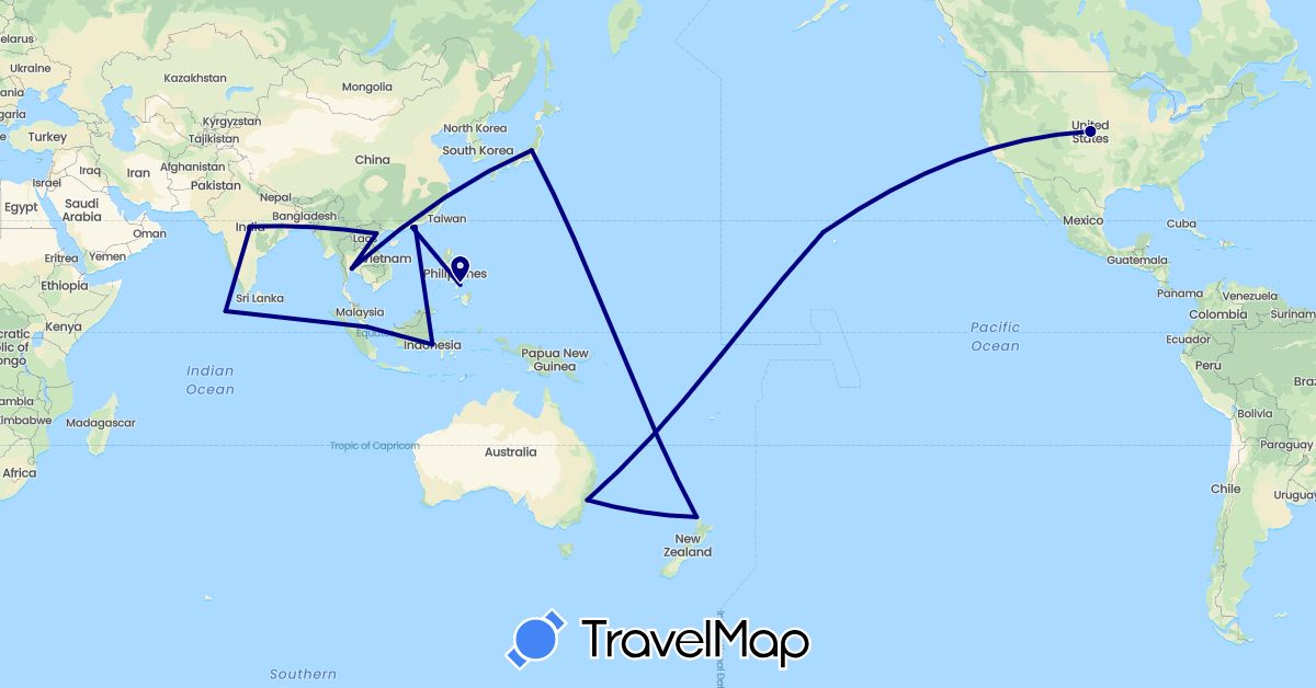 TravelMap itinerary: driving in Australia, China, Indonesia, India, Japan, Maldives, New Zealand, Philippines, Singapore, Thailand, United States, Vietnam (Asia, North America, Oceania)